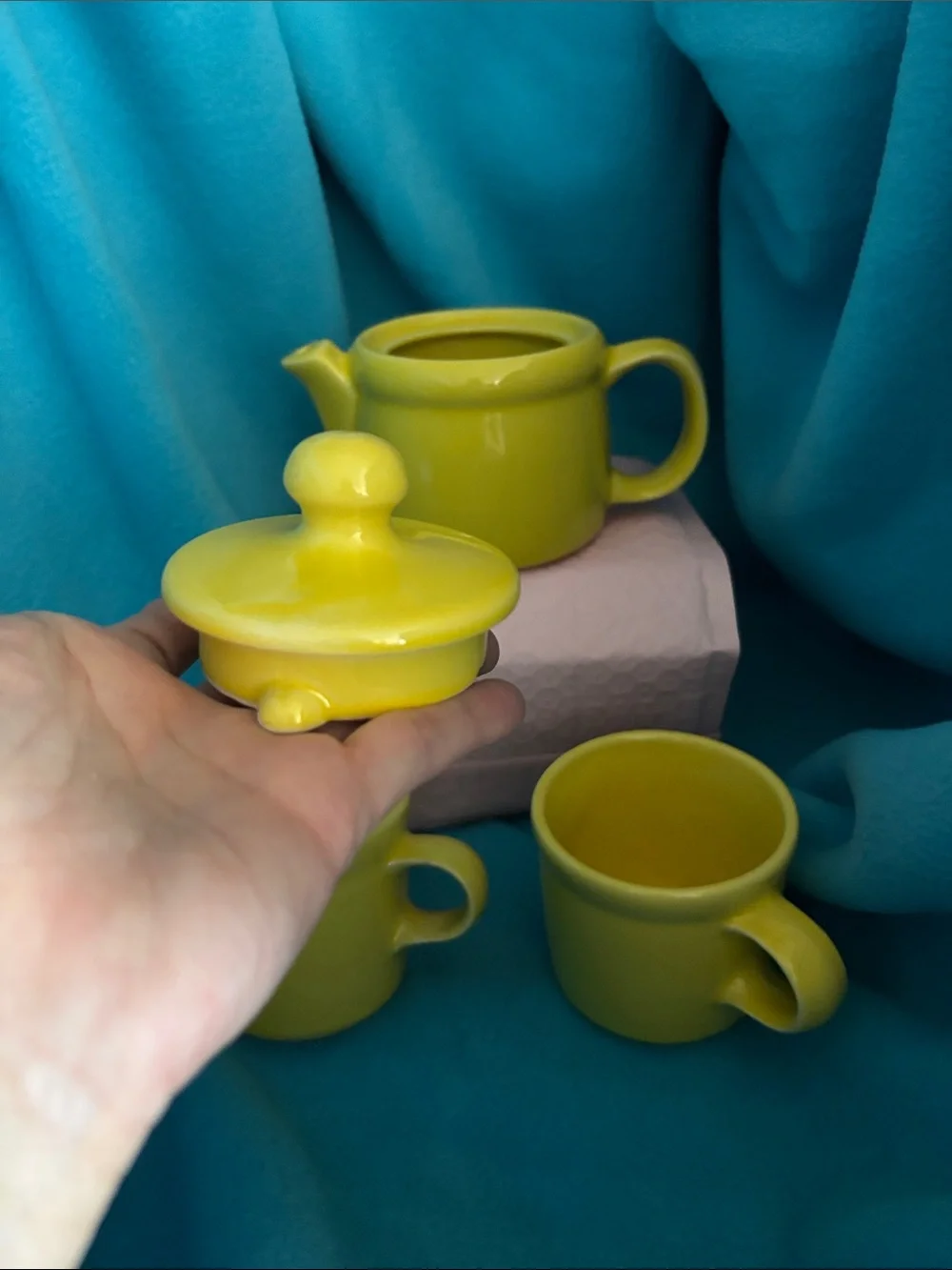 Mccoy Yellow Ceramic Teapot and Two Cups Set